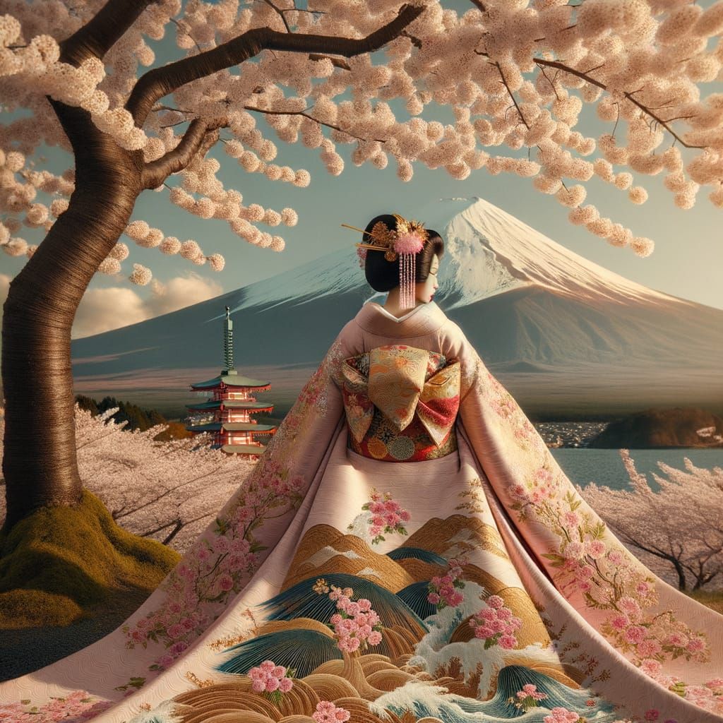 Japanese Woman in Kimono with Cherry Blossoms