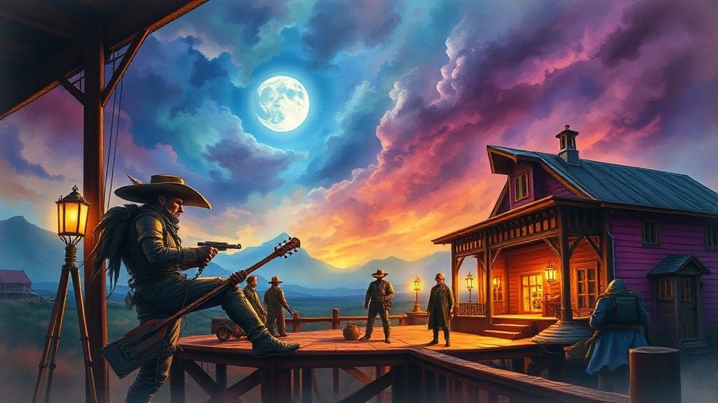 Fantasy Gothic Sci-Fi Scene in Vibrant Watercolors