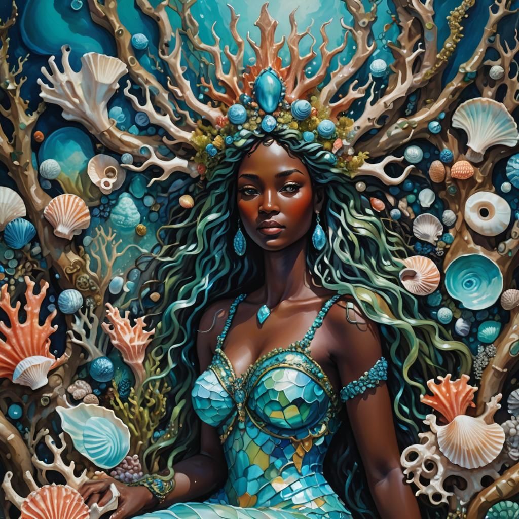 Ocean Goddess on Coral Throne: Surrealist Oil Painting
