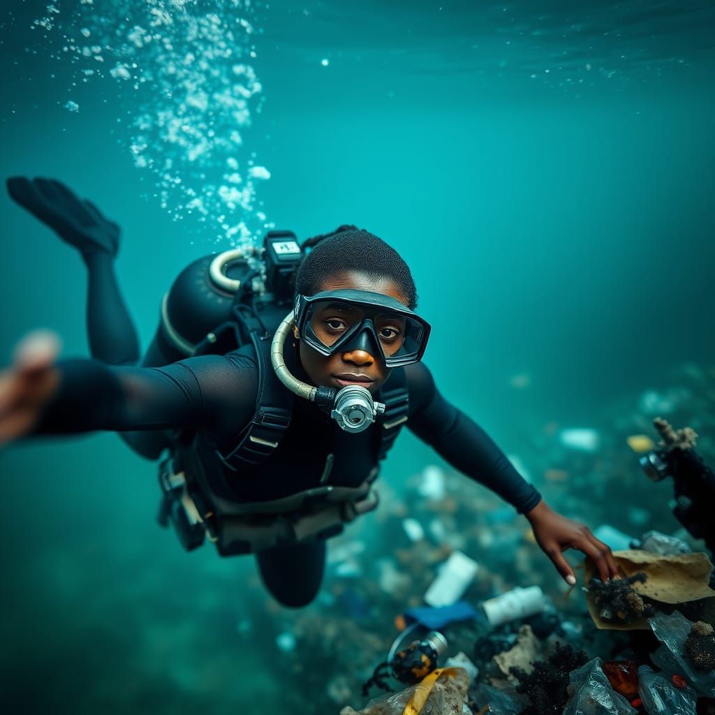 Black Woman Scuba Diving in Polluted Ocean