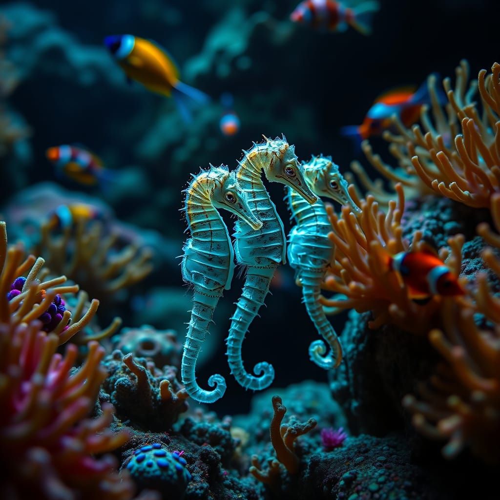Bioluminescent Seahorse Family in Coral Reef