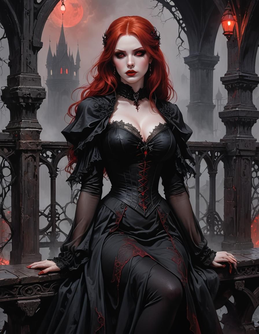 Redhead Vampire on Gothic Bridge in Dark Fantasy Art