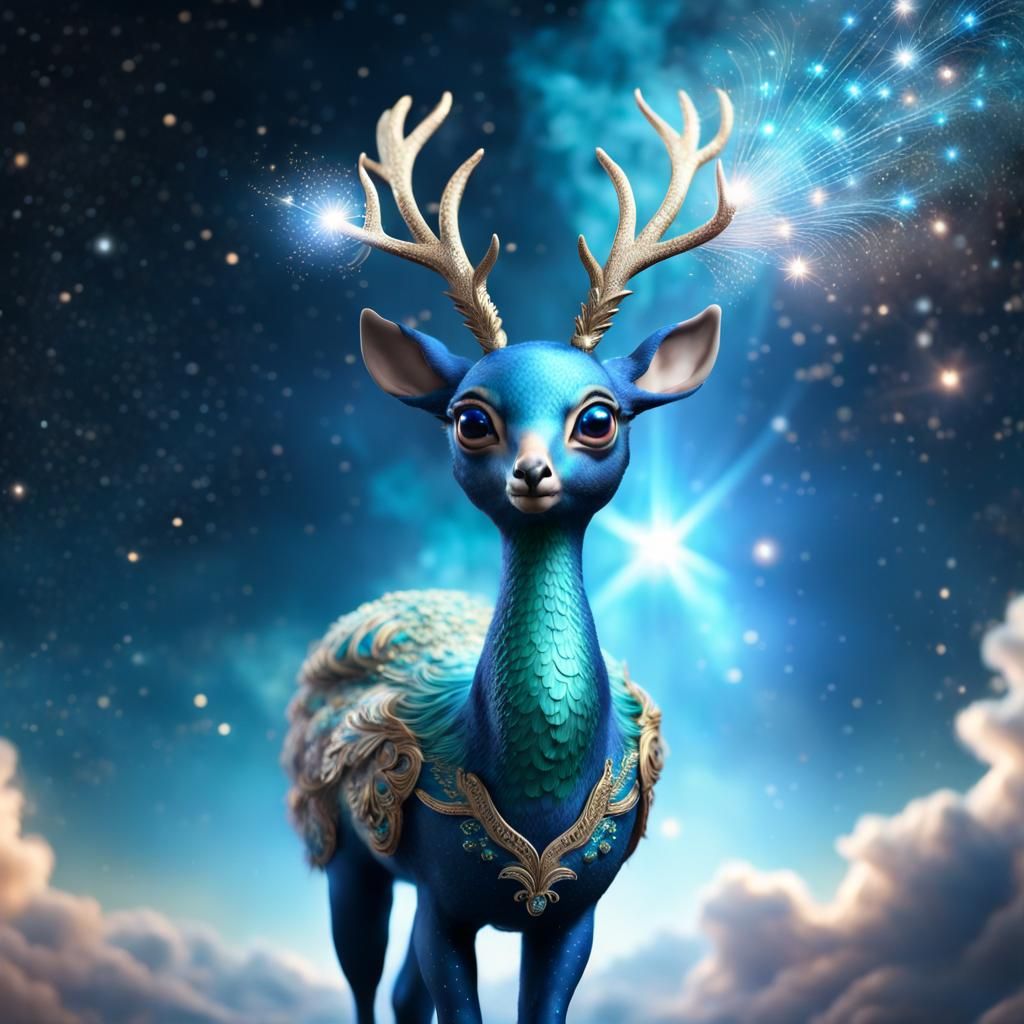 Cosmic Peacock Deer Flying Through the Stars