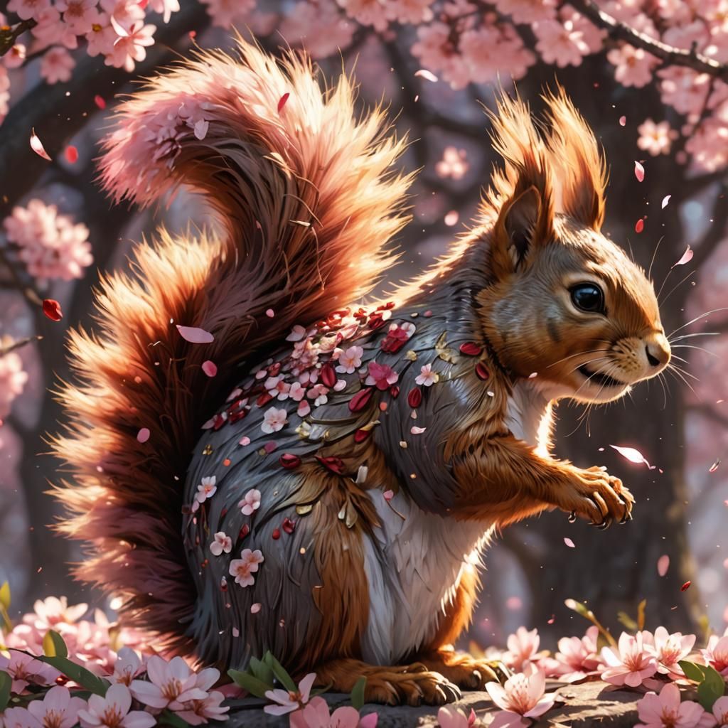 Ruby Squirrel Surrounded by Cherry Blossoms