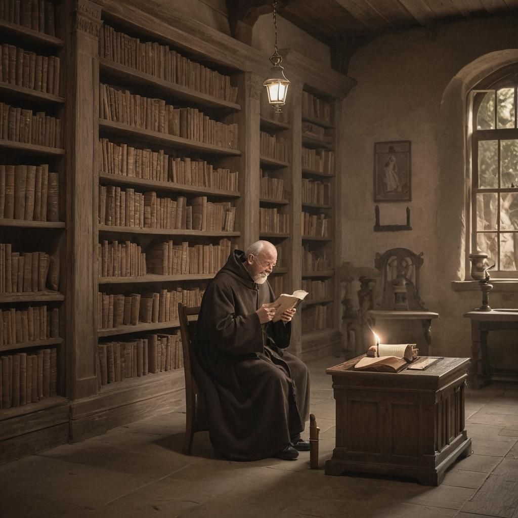 Franciscan Friar Reads Scroll in Ancient Library