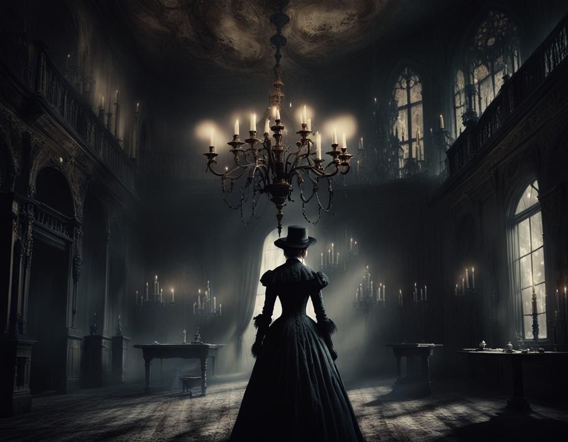 Victorian Woman Wandering a Gothic Manor