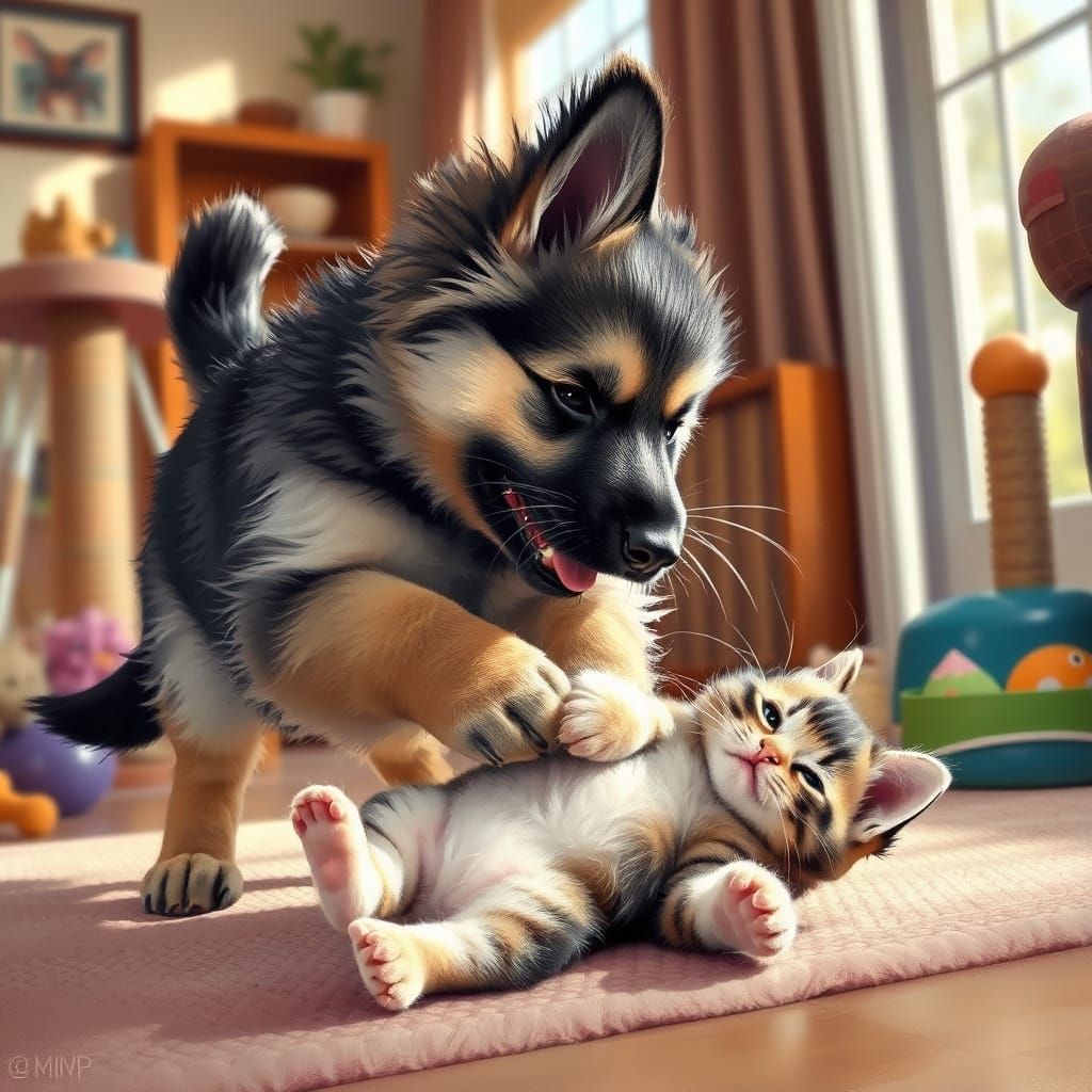German Shepherd Puppy Dominates Playful Kitten in Heartwarmi...