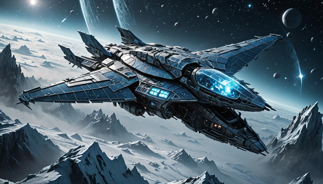 Ice Crow Spaceship Drifting in Space: Digital Concept Art