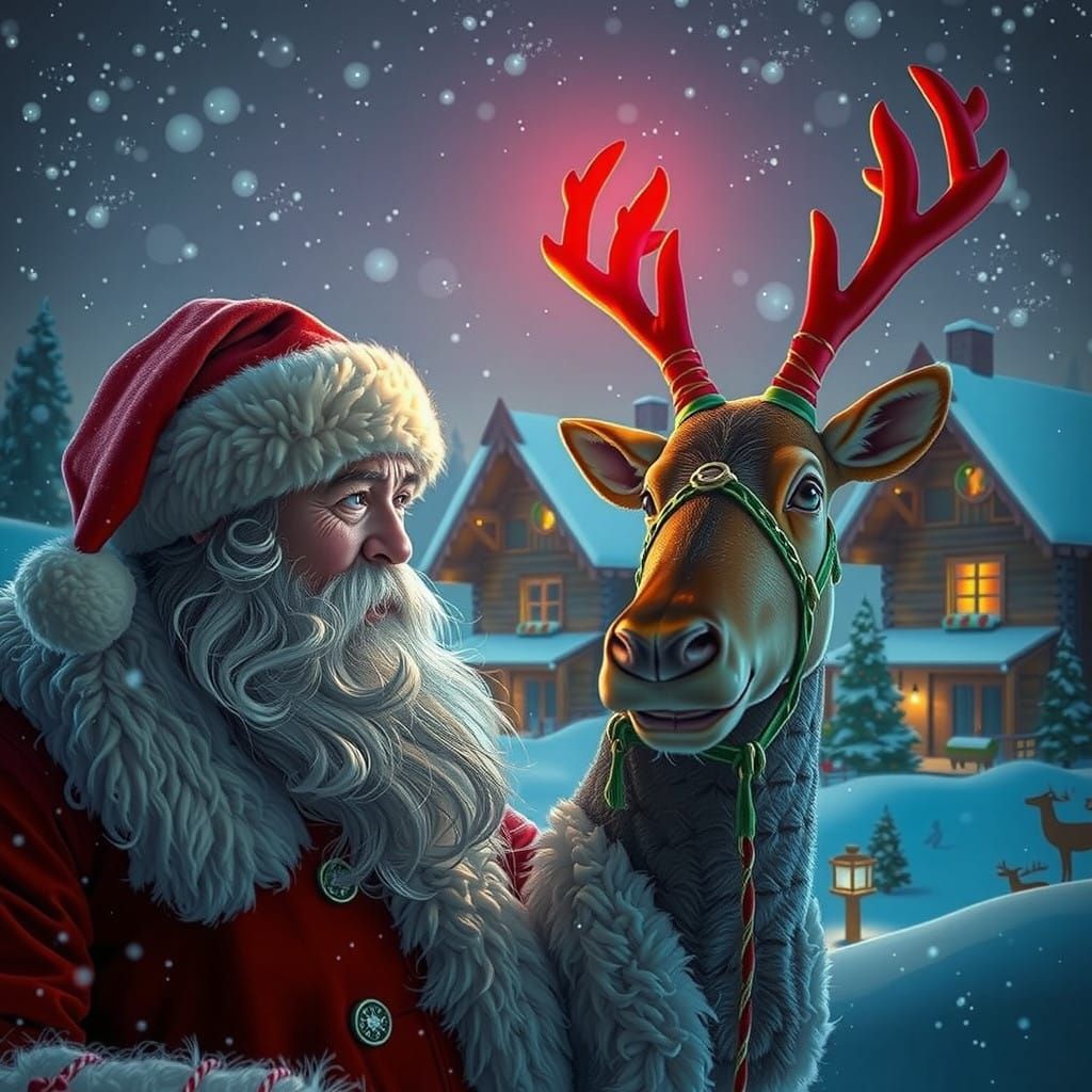 Jolly Santa Gives Instructions to Rudolph in a Snowy Winter...