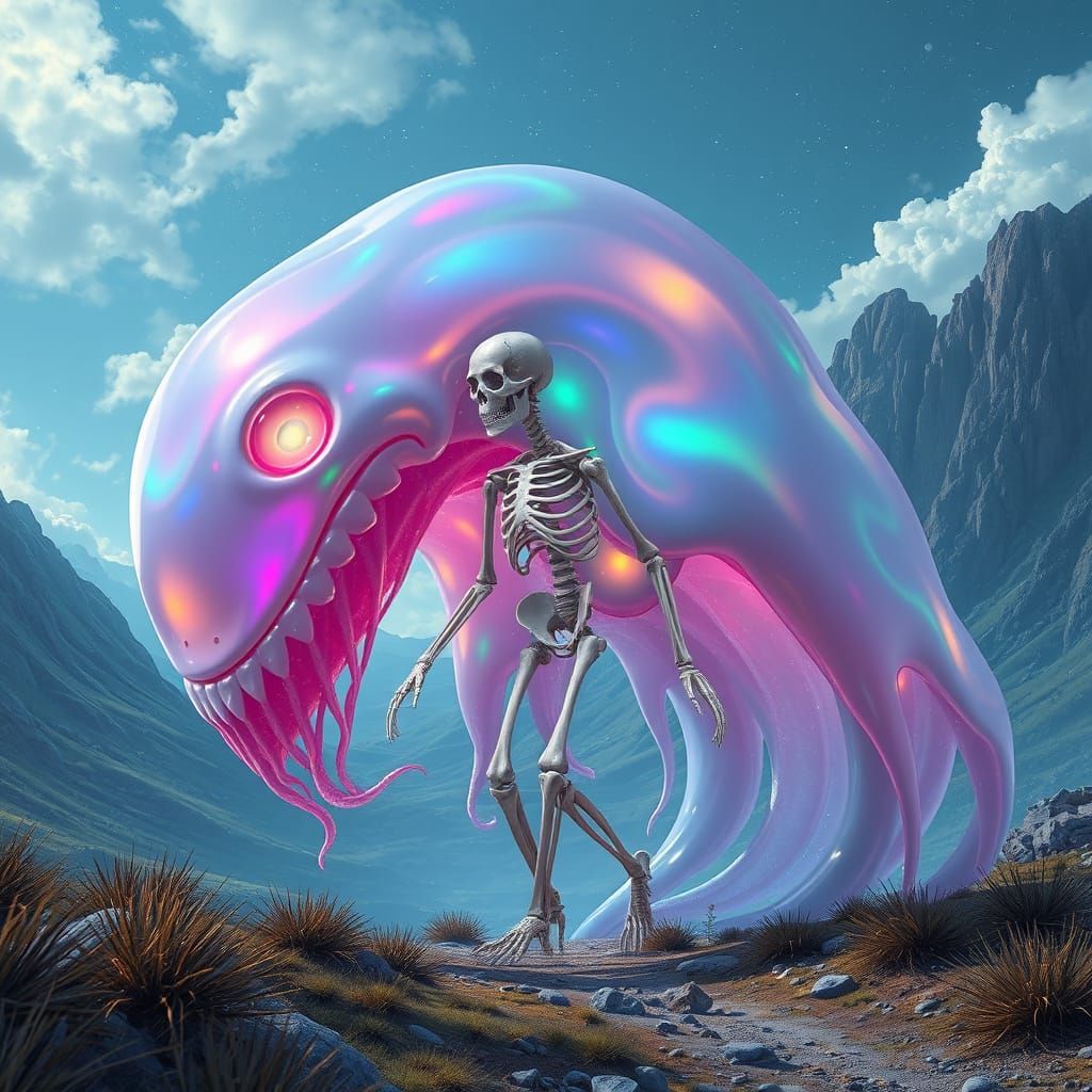Iridescent Slime Giant in Surreal Landscape