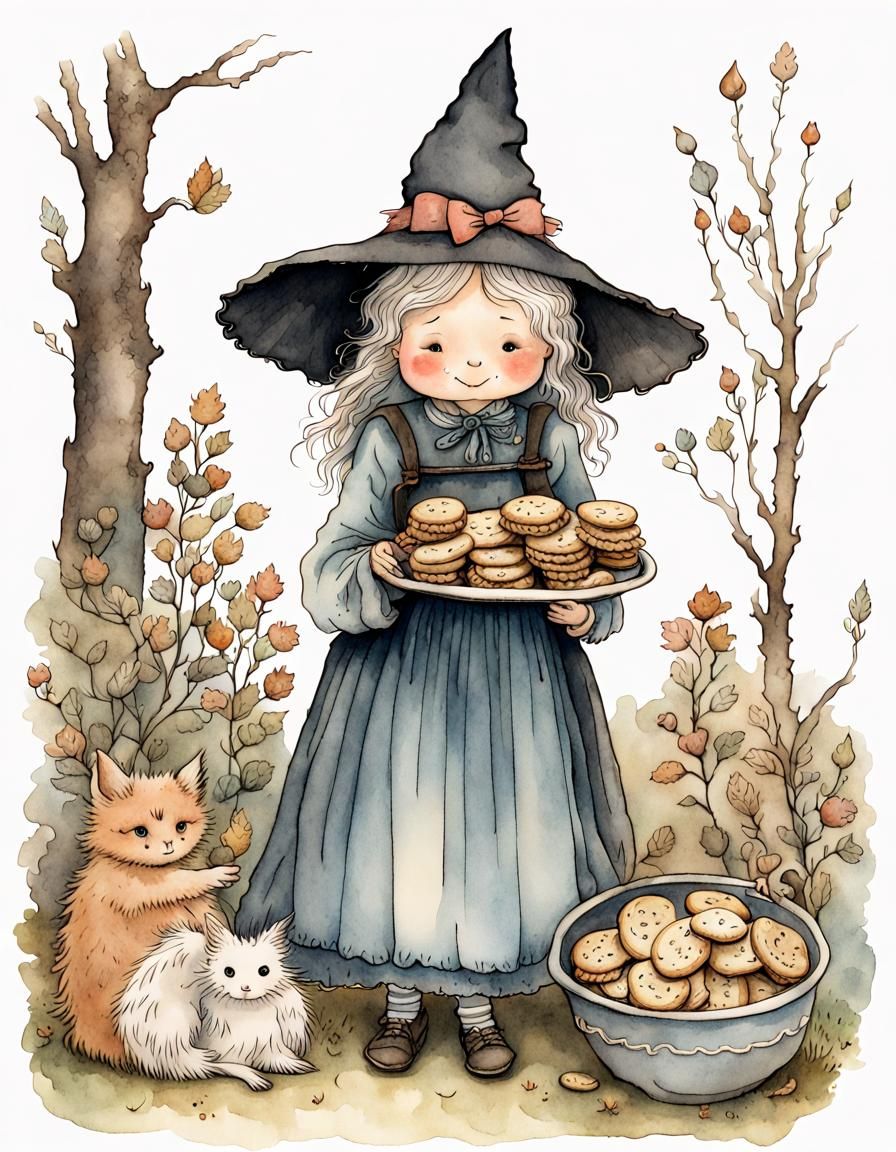 Charming Cottagecore Witch with Cookies Illustration