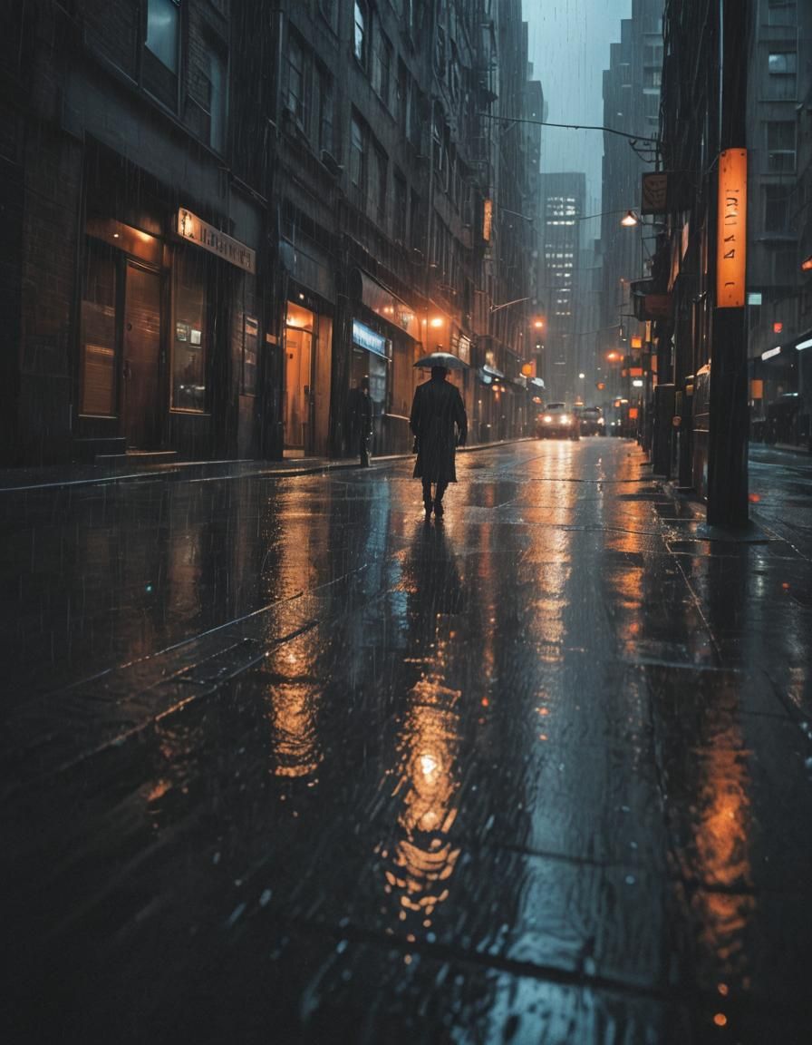 Dramatic Film Noir Escape in Rainy City
