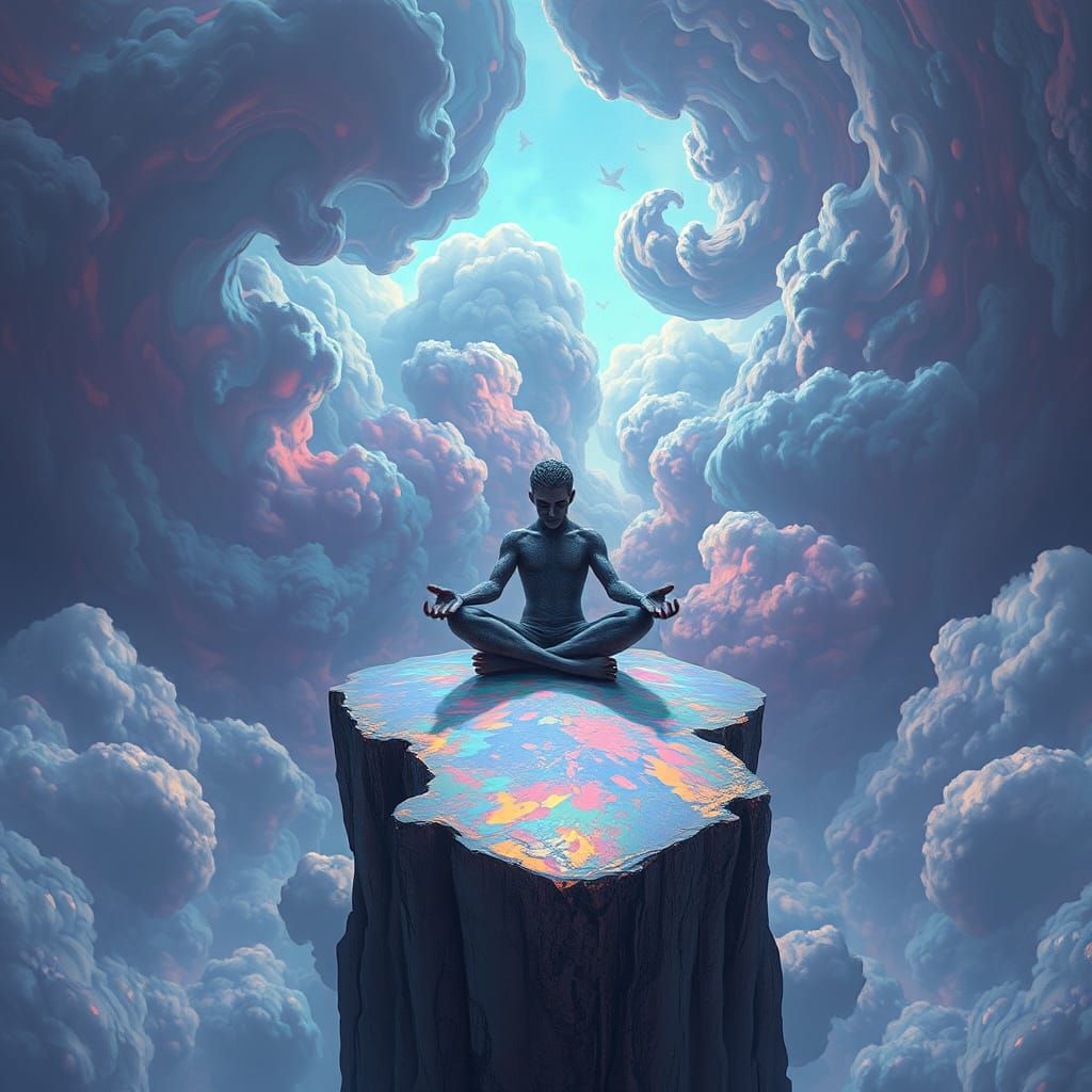 Mystical Figure with Stone Eyelids in Surreal Landscape