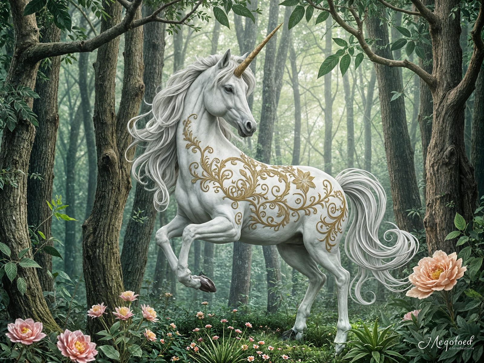 Unicorn in Enchanted Forest: Art Deco Digital Painting