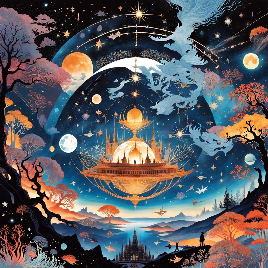 Fantasy Constellation Universe Journey: Surreal Collage Art
