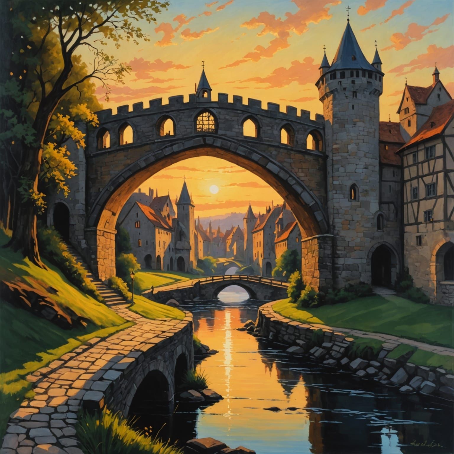 Medieval Bridge at Sunrise in Colorful Cartoon Oil Painting