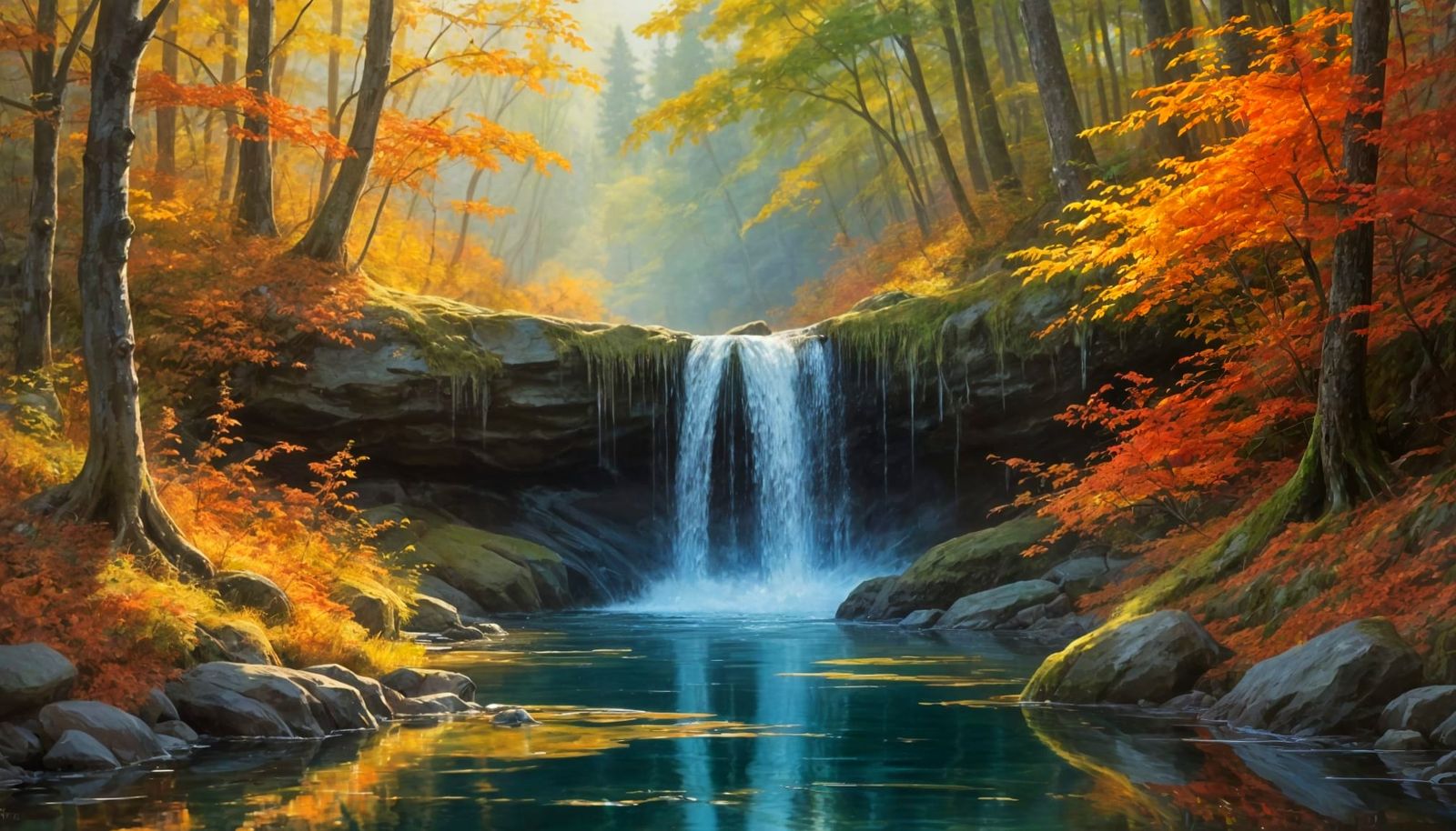 Autumn Waterfall Impasto Painting with Vibrant Foliage