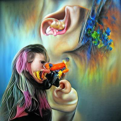 Girl putting a gun into her mouth colorful hyperrealism