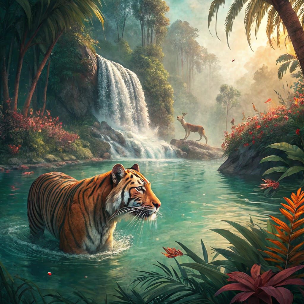Majestic Bengal Tiger Amidst Tropical Lagoon