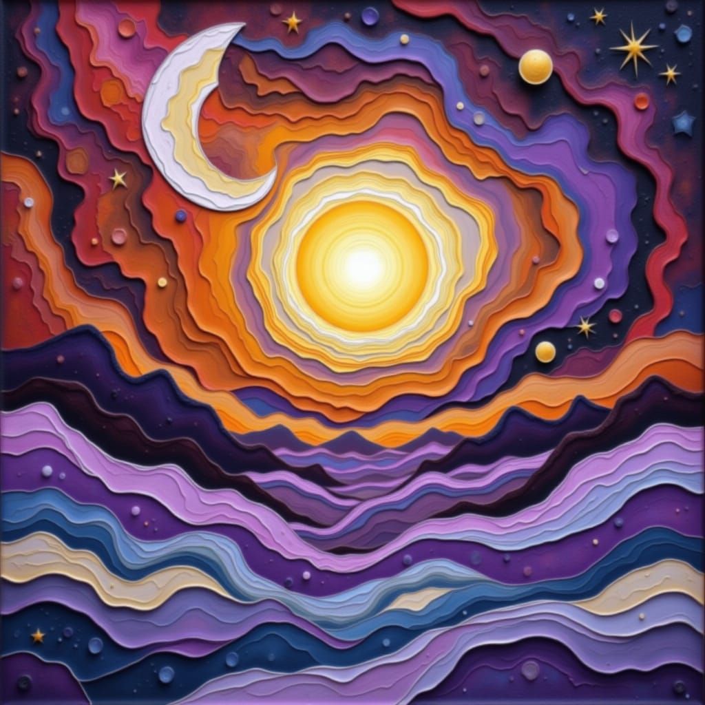 Cosmic Night Sky with Nebulae, Sun, and Moon in Surreal Styl...