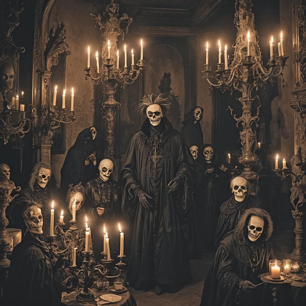 A spine-chilling, dark fantasy portrait of a secretive misfits coven. The coven members, all clad in black robes and ado...