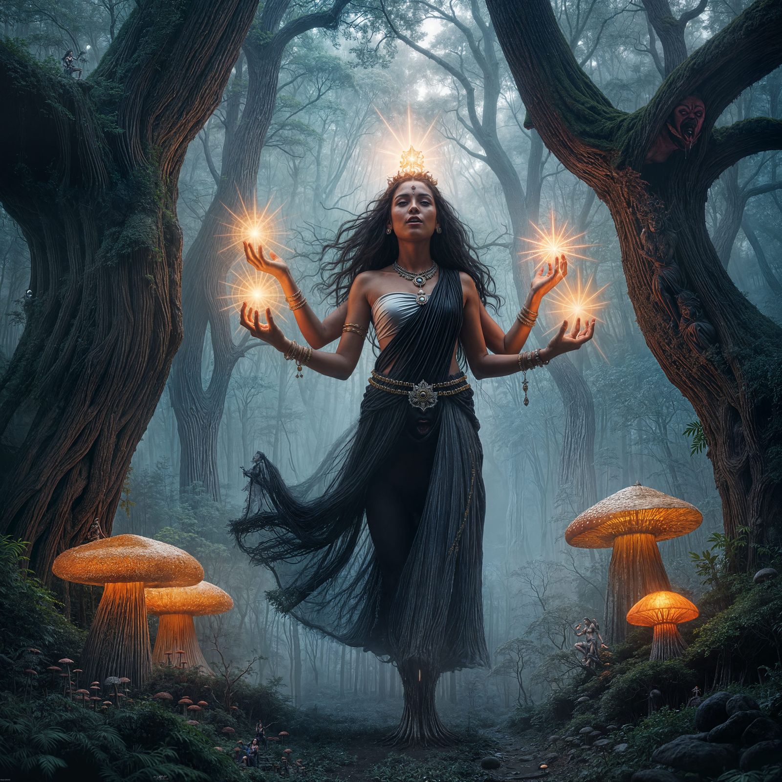 Kali Goddess in Dark Forest: Black and White Fantasy