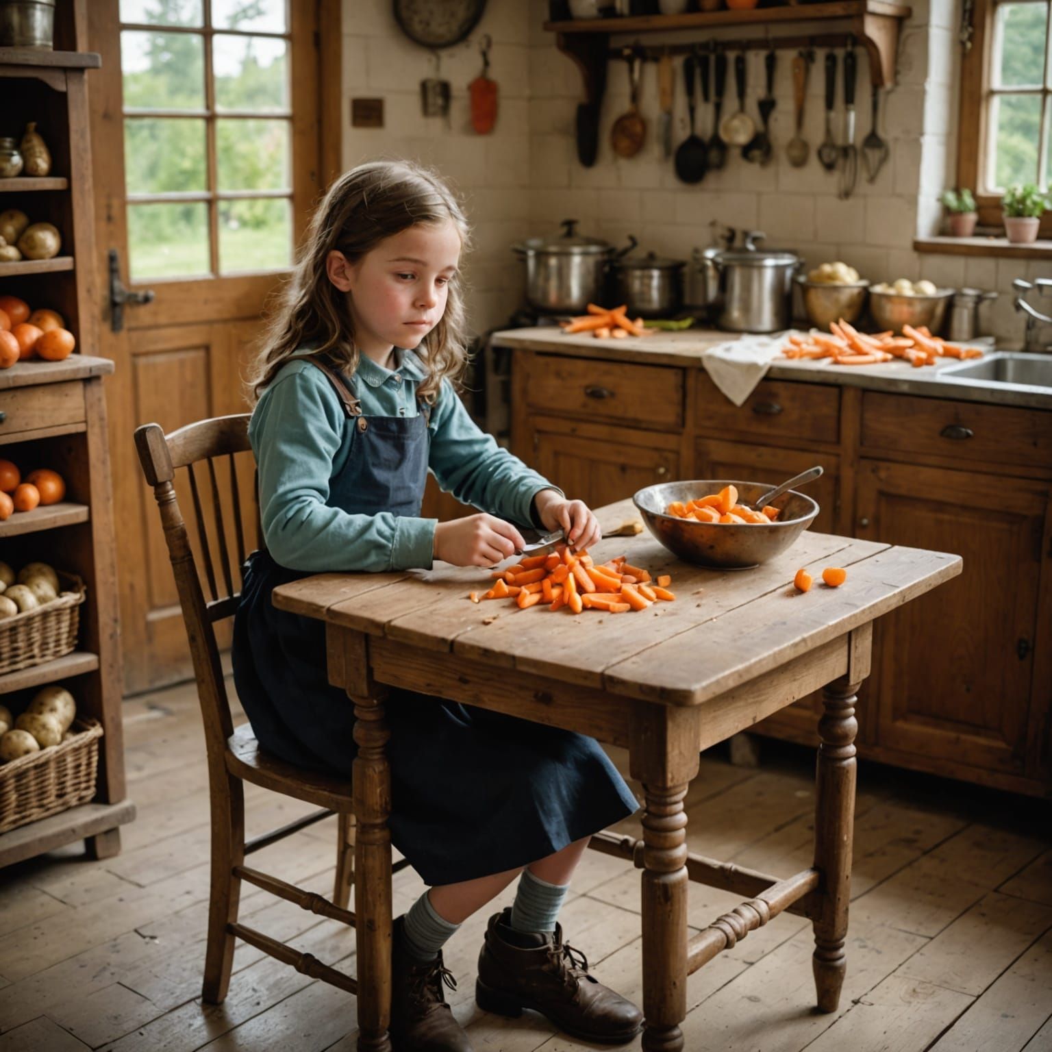 Young Girl Concentrates on Peeling Vegetables in Old Kitchen