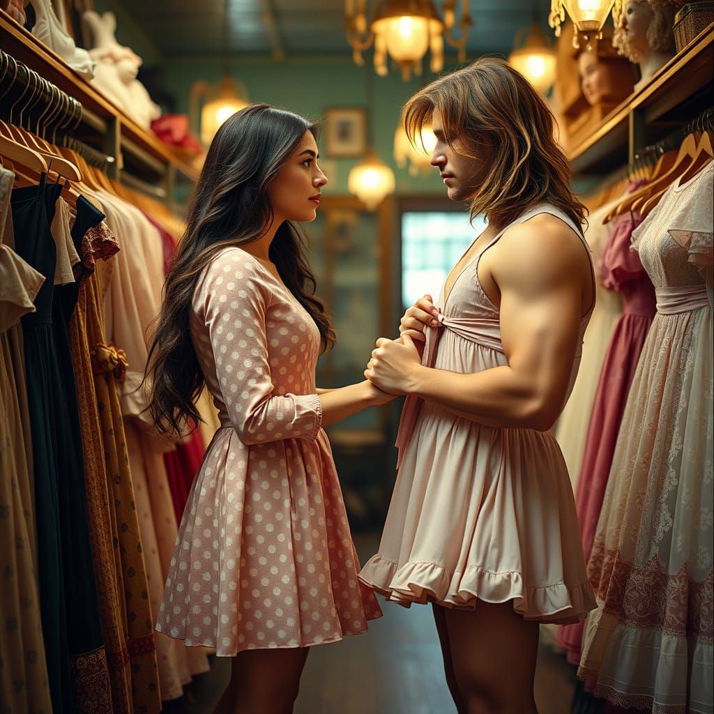A Tender Moment in a Vintage Dress Shop