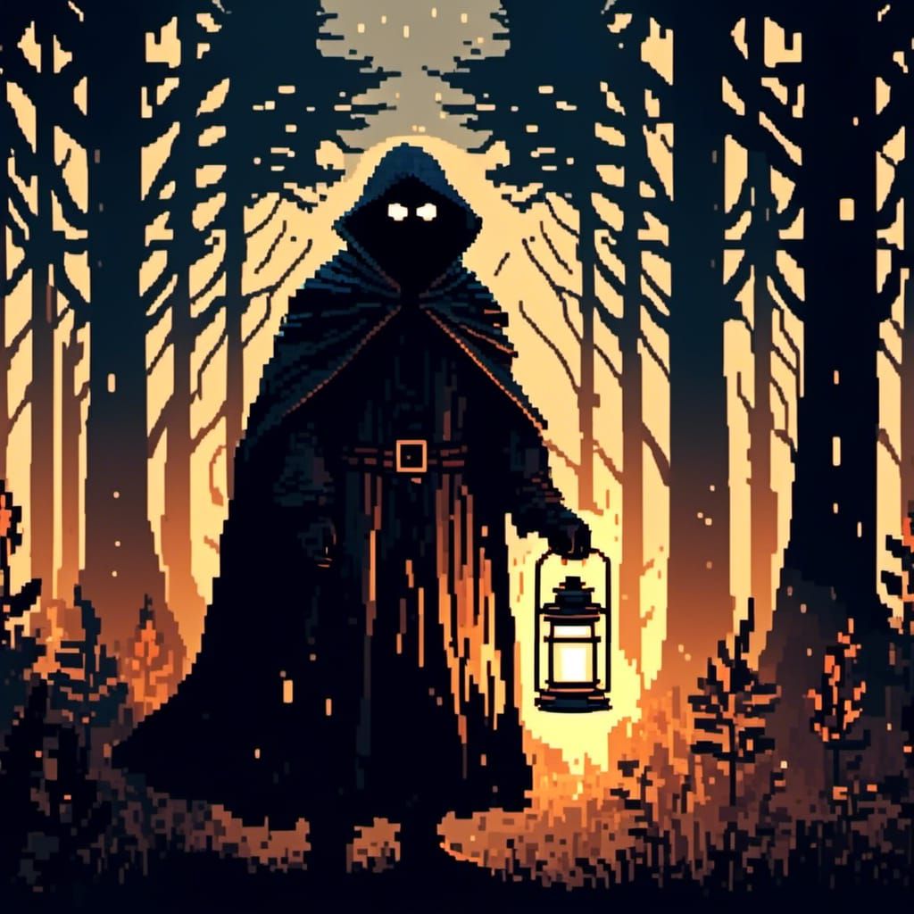 Masked Figure with Lantern at Woods Edge