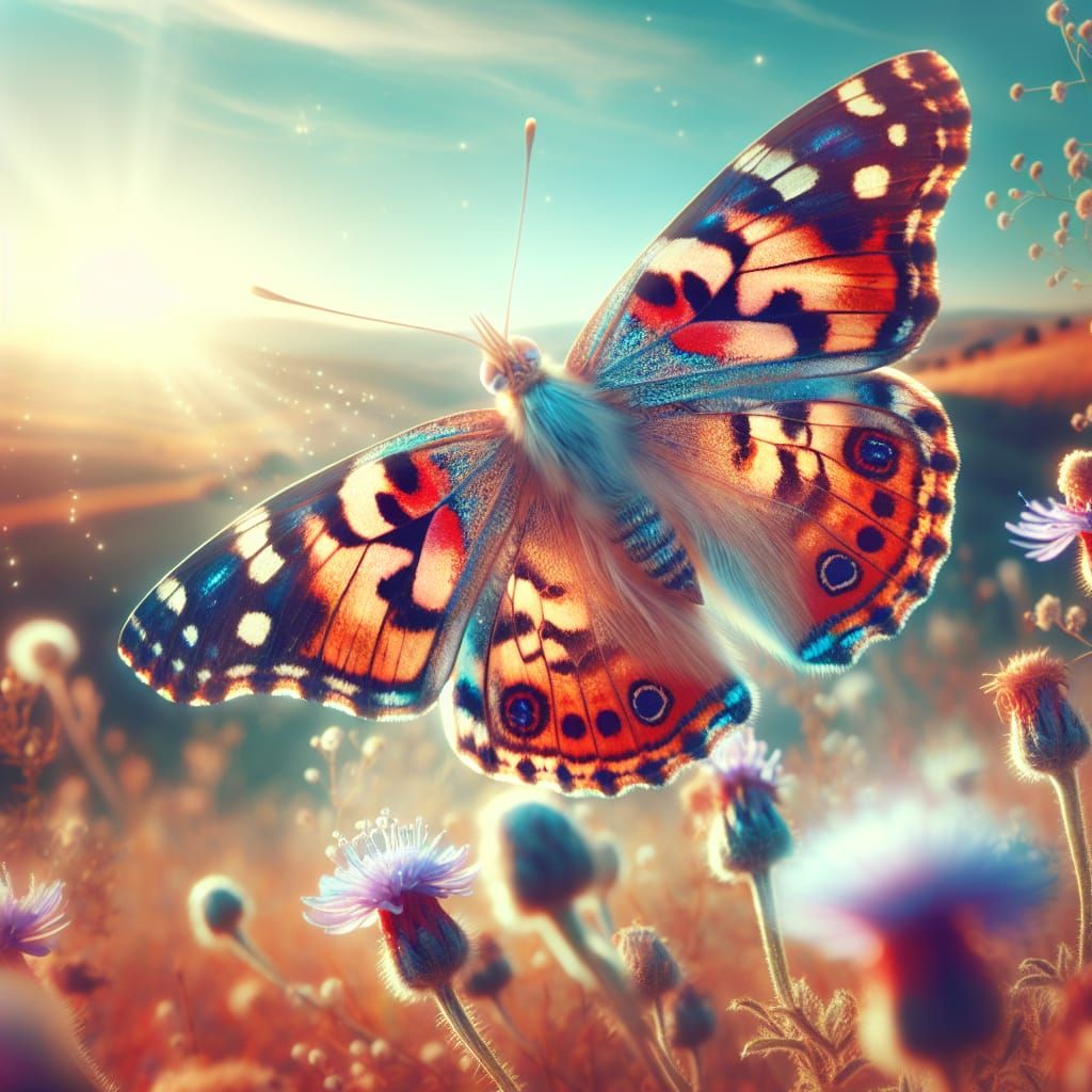 Spanish Butterfly in Vibrant Colors, Fluttering Over Wildflo...