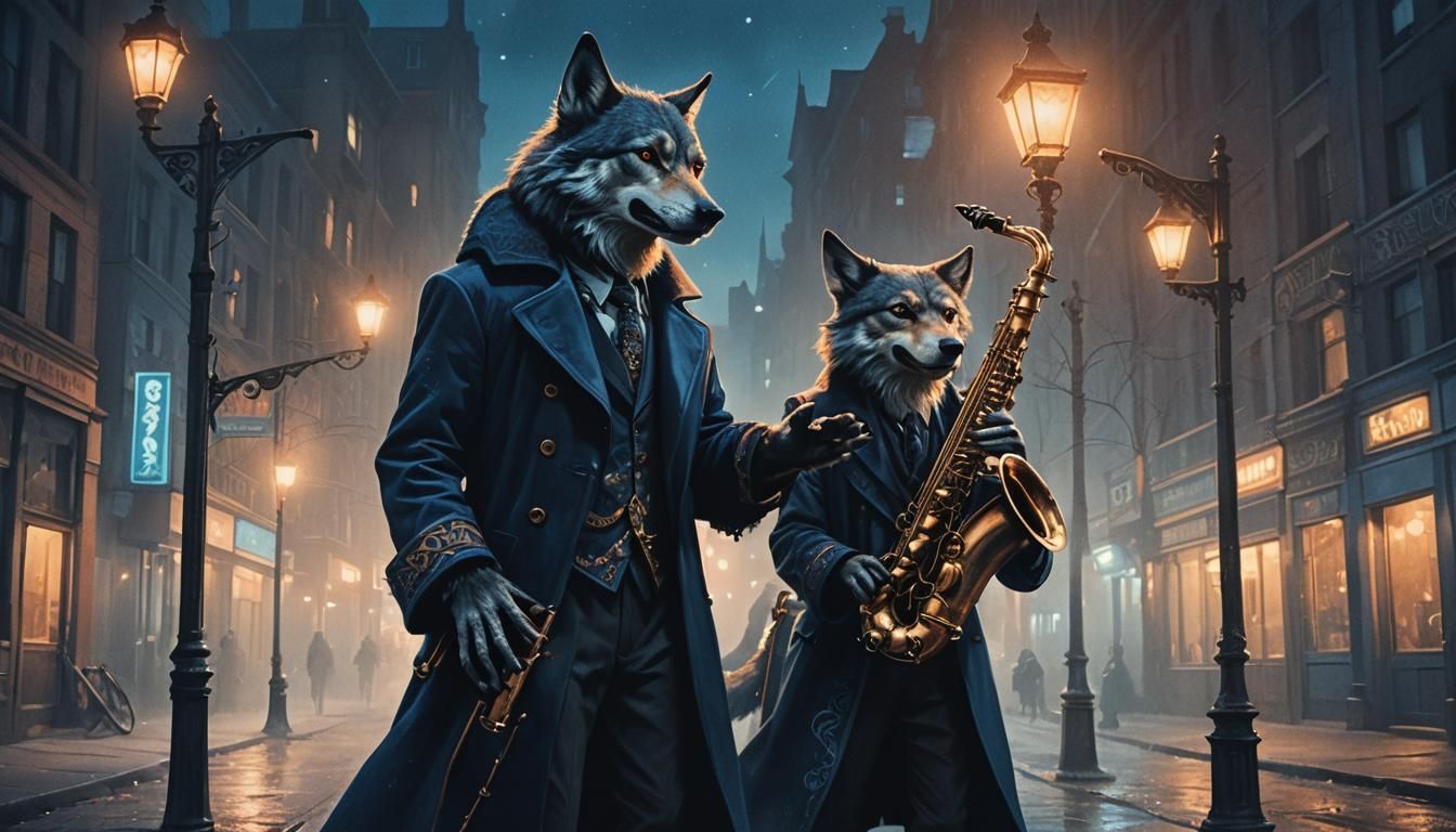 Wolf Saxophonist in Dark Fantasy Art Nouveau Style
