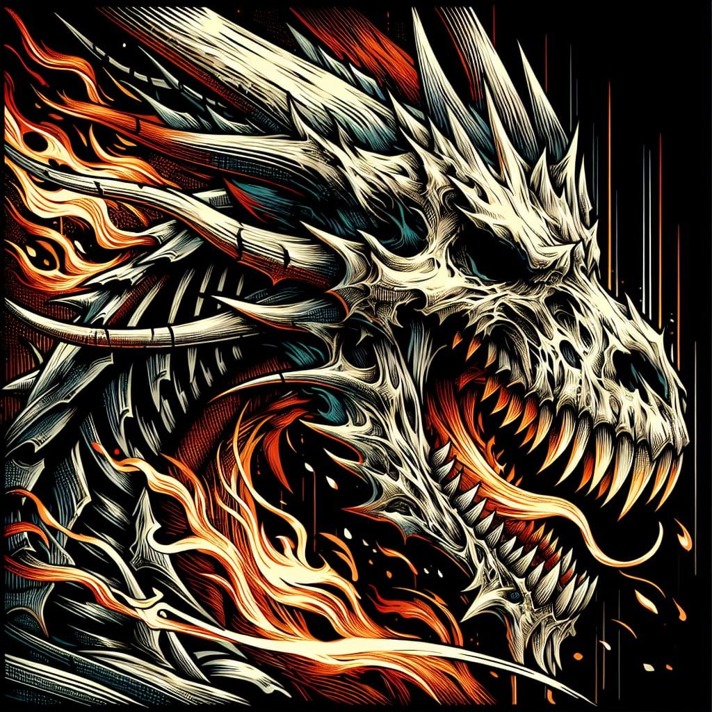 Fiery Skeletal Dragon in Comic Book Style