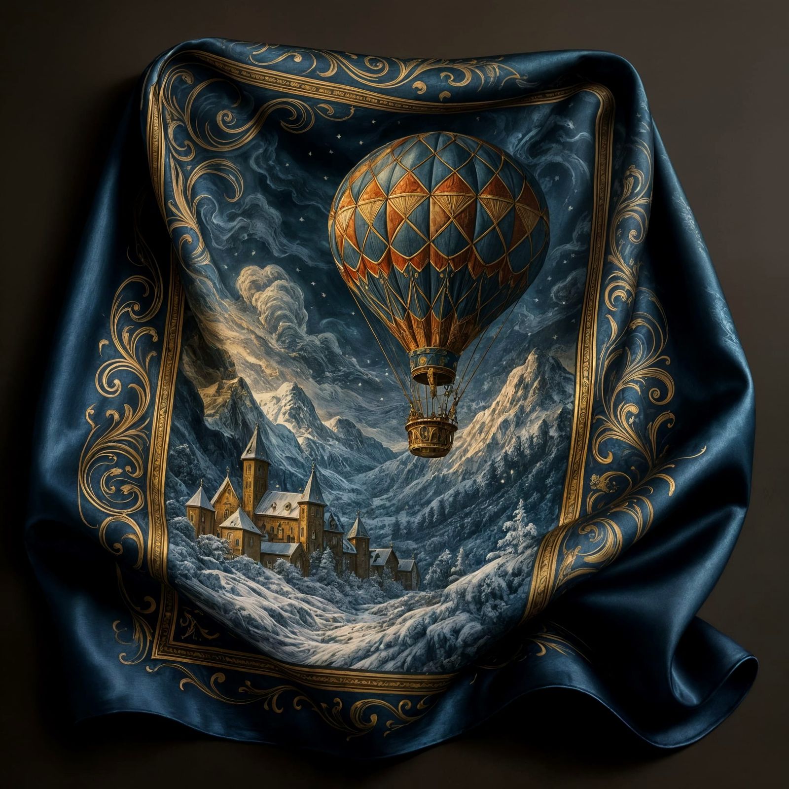 Silk Scarf with Hot Air Balloon in Winter Scene