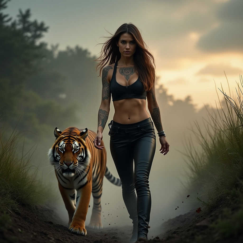 Woman and Tiger Emerge from Storm