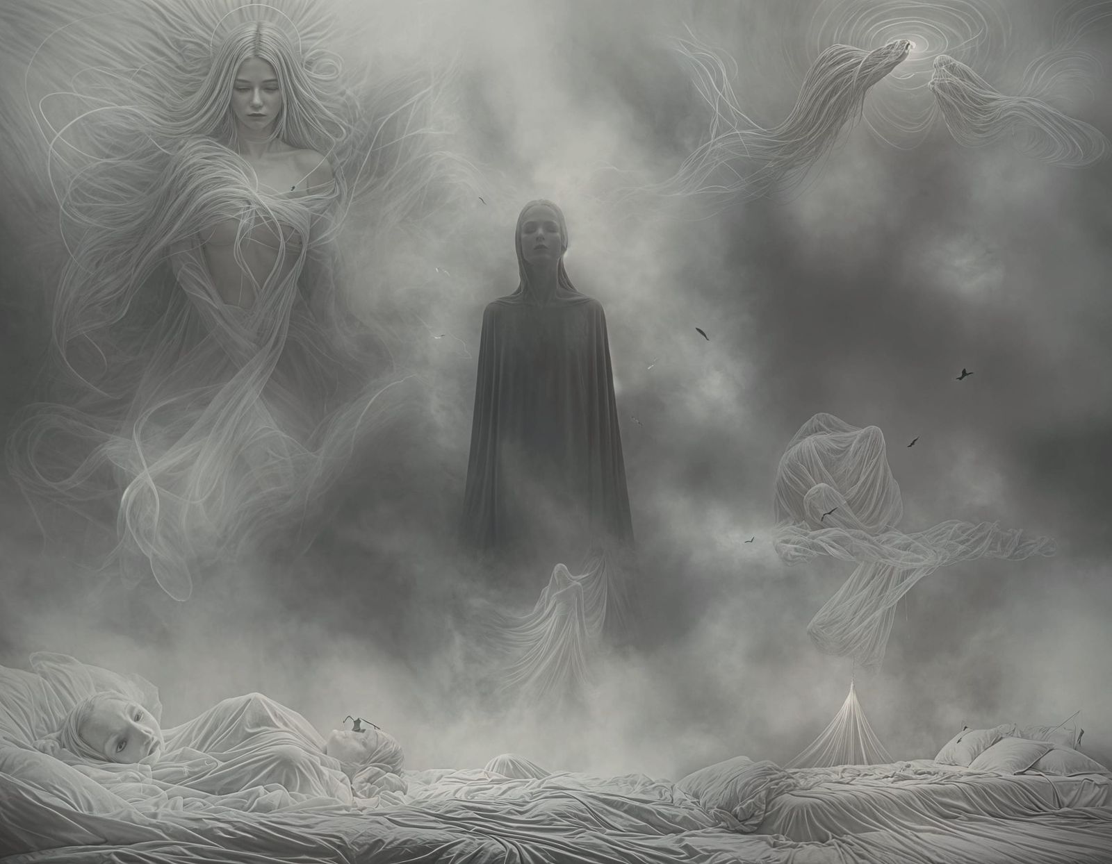 Surreal Forms Circling a Slumbering Figure in a Dark, Ethere...