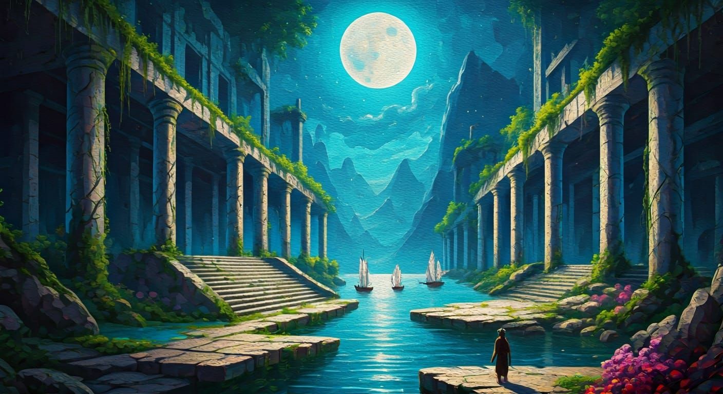 Giant Moon Over Abandoned Temple: Impasto Art