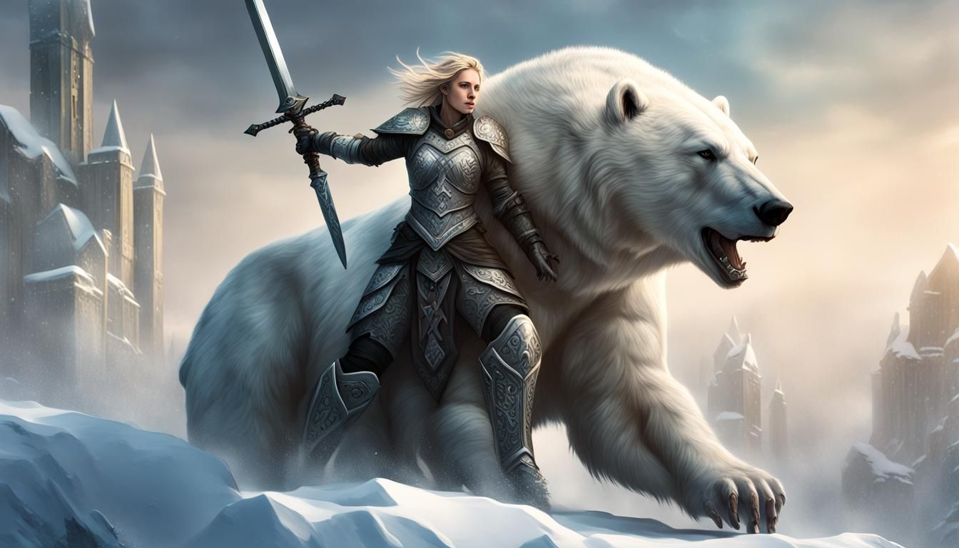 Female Warrior on Polar Bear in Dark Fantasy Style