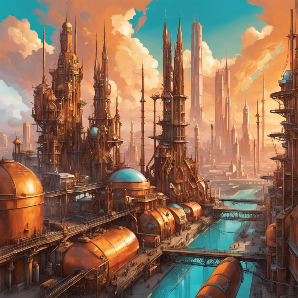 Copper Futurism Cityscape in Warm Golden Light