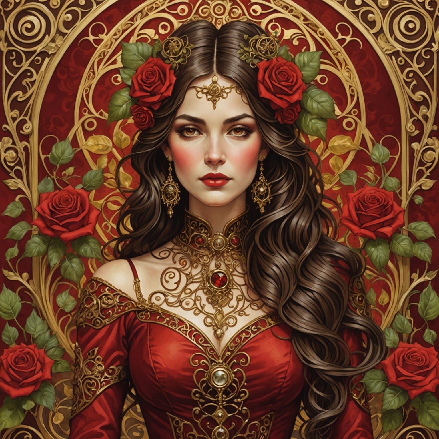 Steampunk Woman in Red Dress, Art Nouveau Style