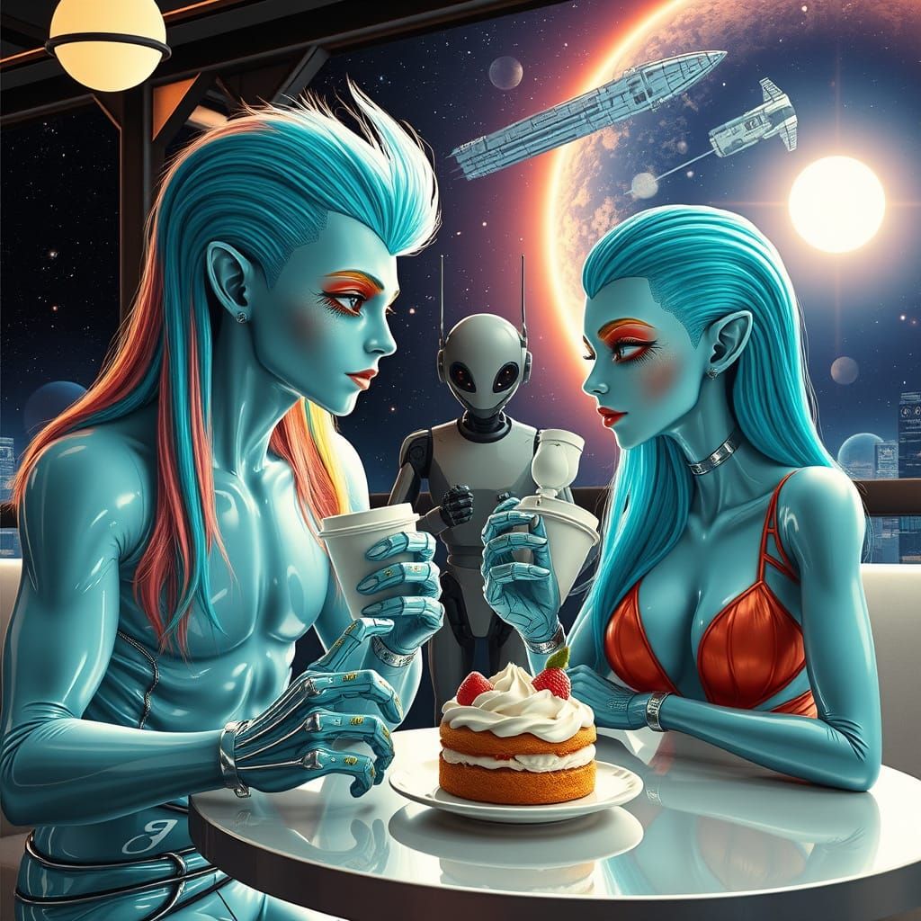 Turquoise Aliens Enjoy Intergalactic Coffee and Ice Cream
