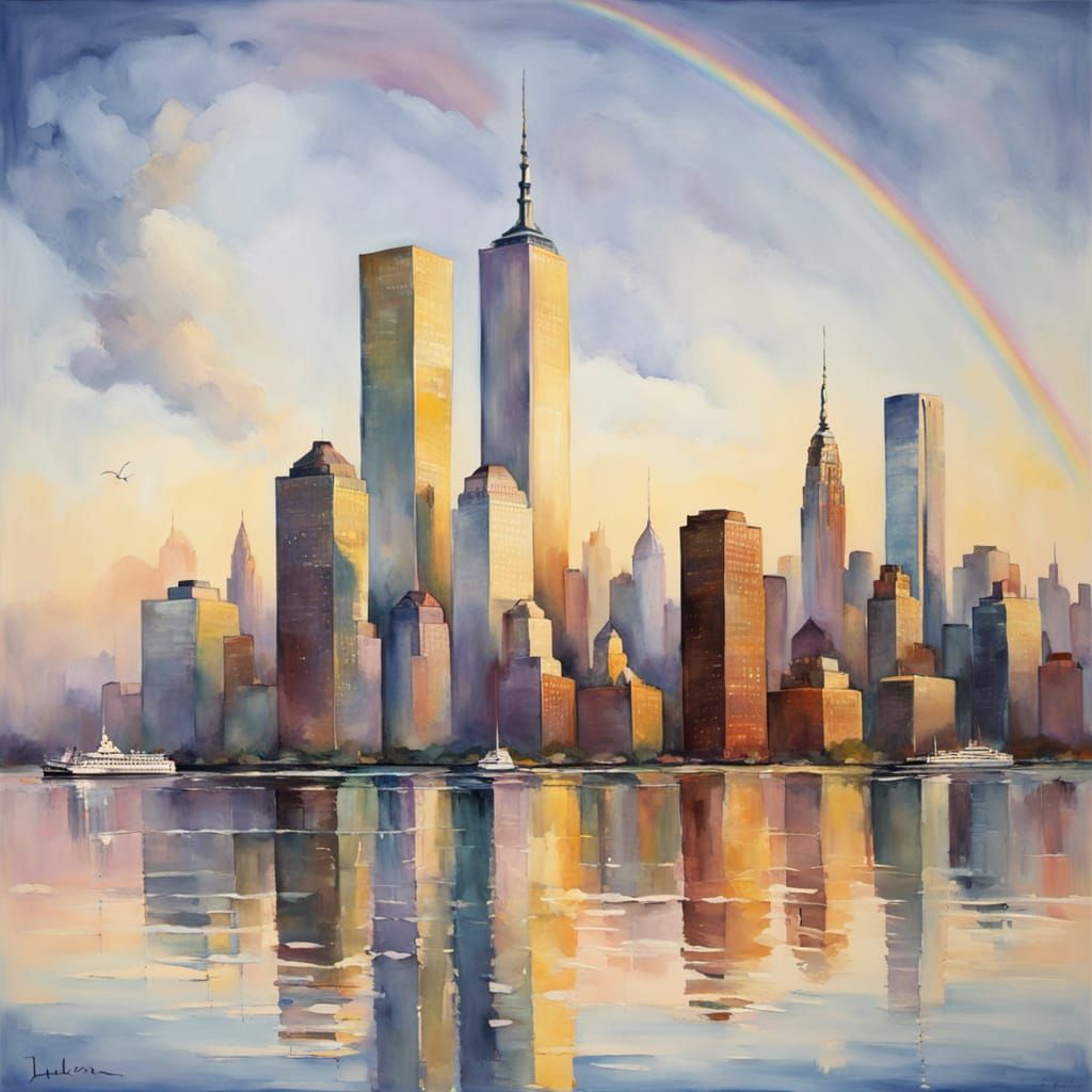 Watercolor Painting of Twin Towers at Dawn