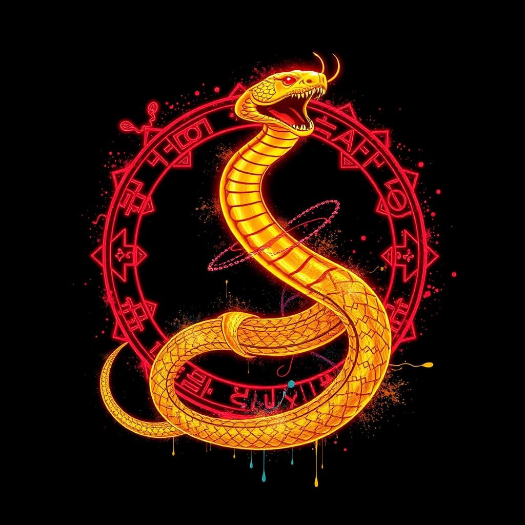 Golden Snake Wraps Ancient Symbols in Vibrant Neon Art