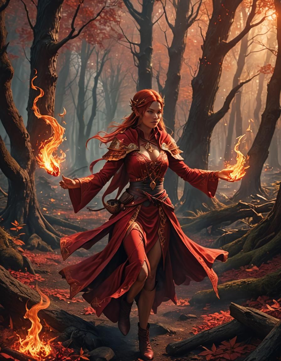 Fantasy Mage Summons Fire in Mystical Forest