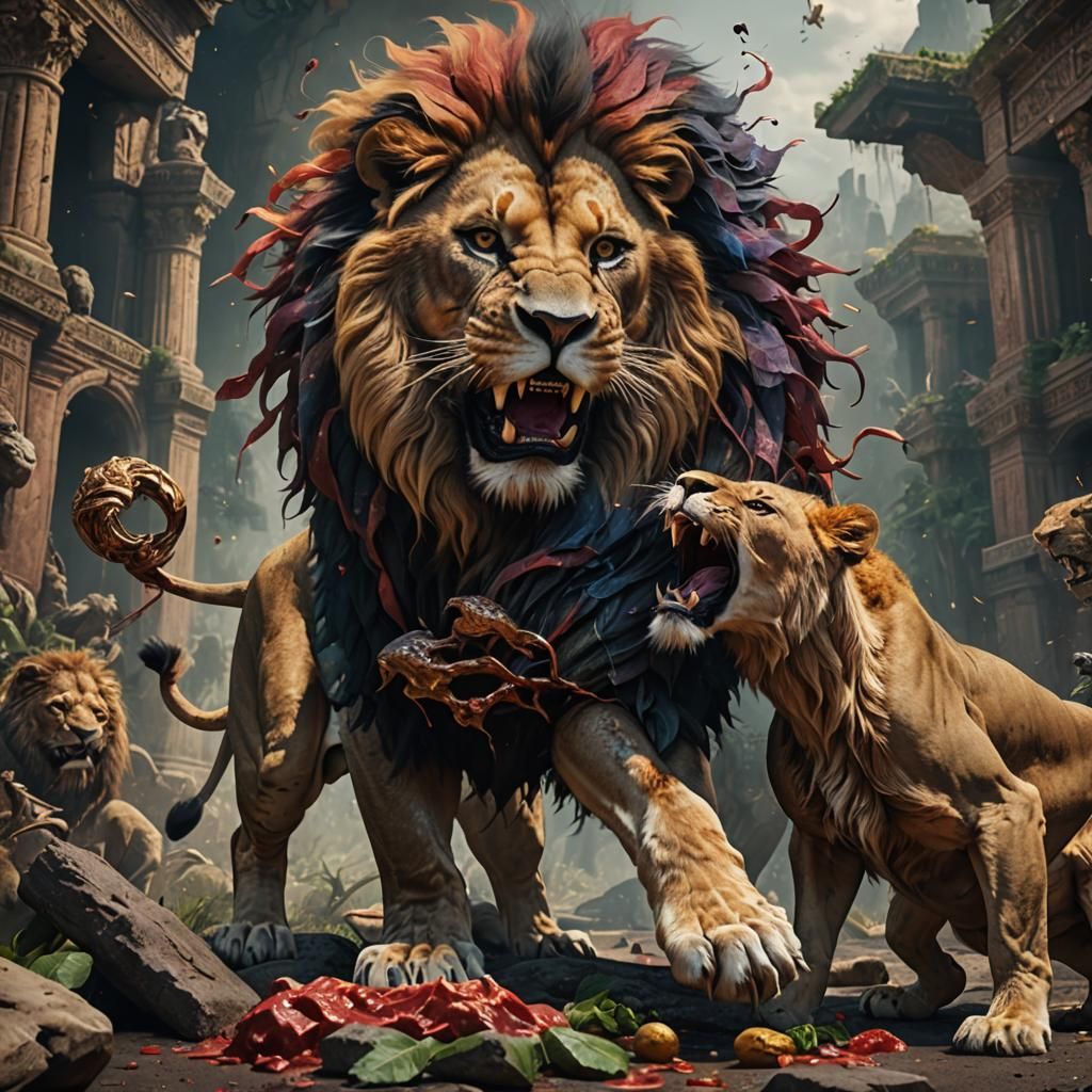 Create an image that depics a lion trying to eat the flesh of another animal.