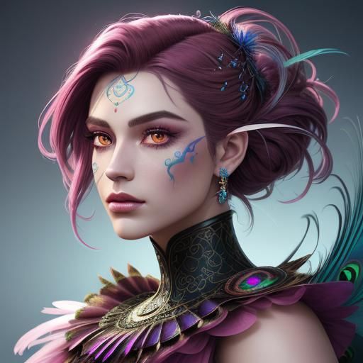 Magenta Peacock Feather Haired Woman Portrait