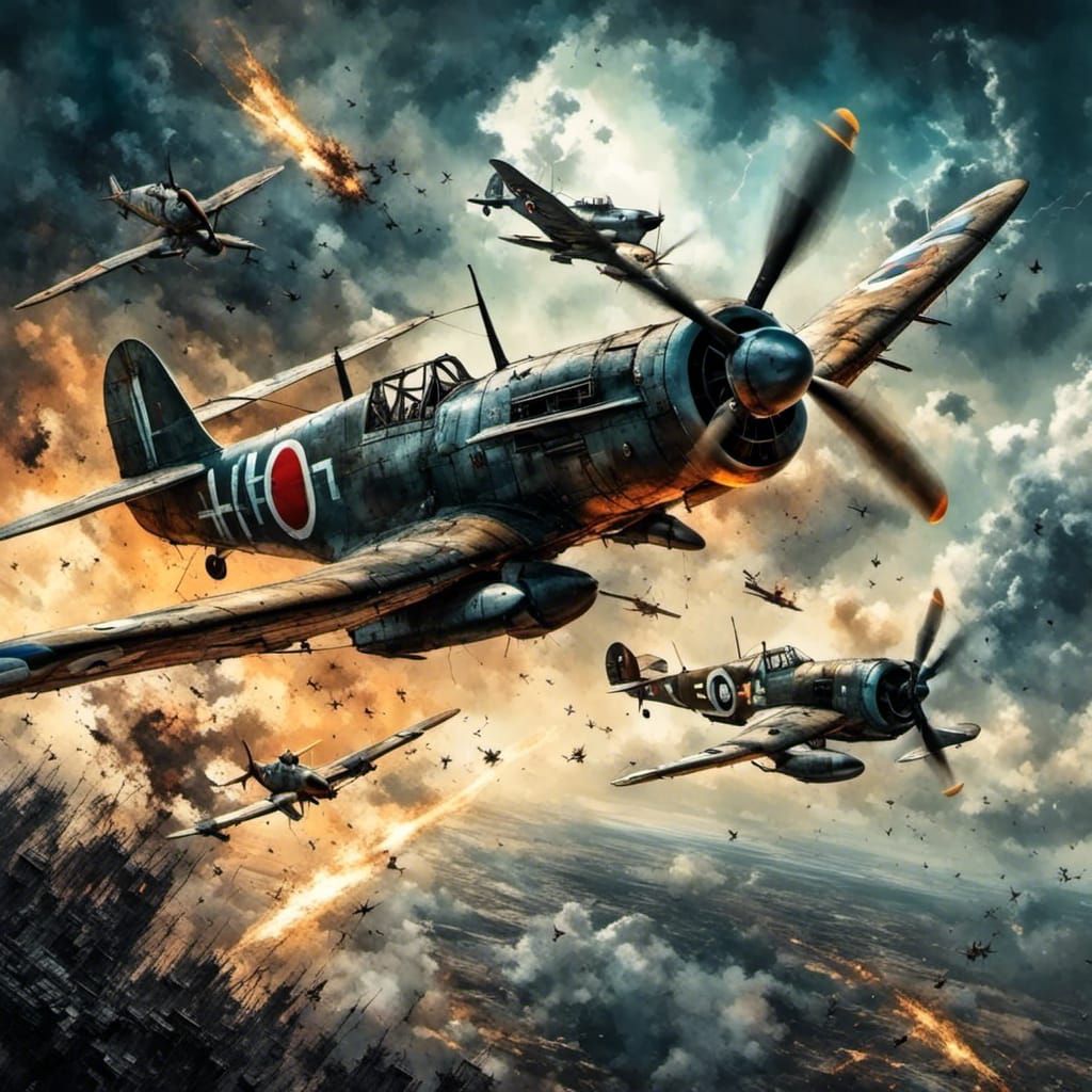 <lora:Dark:1.0> <lora:Dark fantasy realism:1.0> F16 fighter dogfighting a WWII BF-109 Mark Brooks and Dan Mumford, comic...