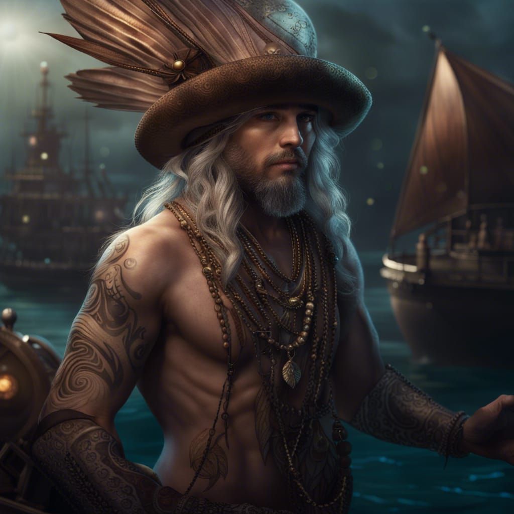 Merman with Boat Hat, in Digital Painting Style