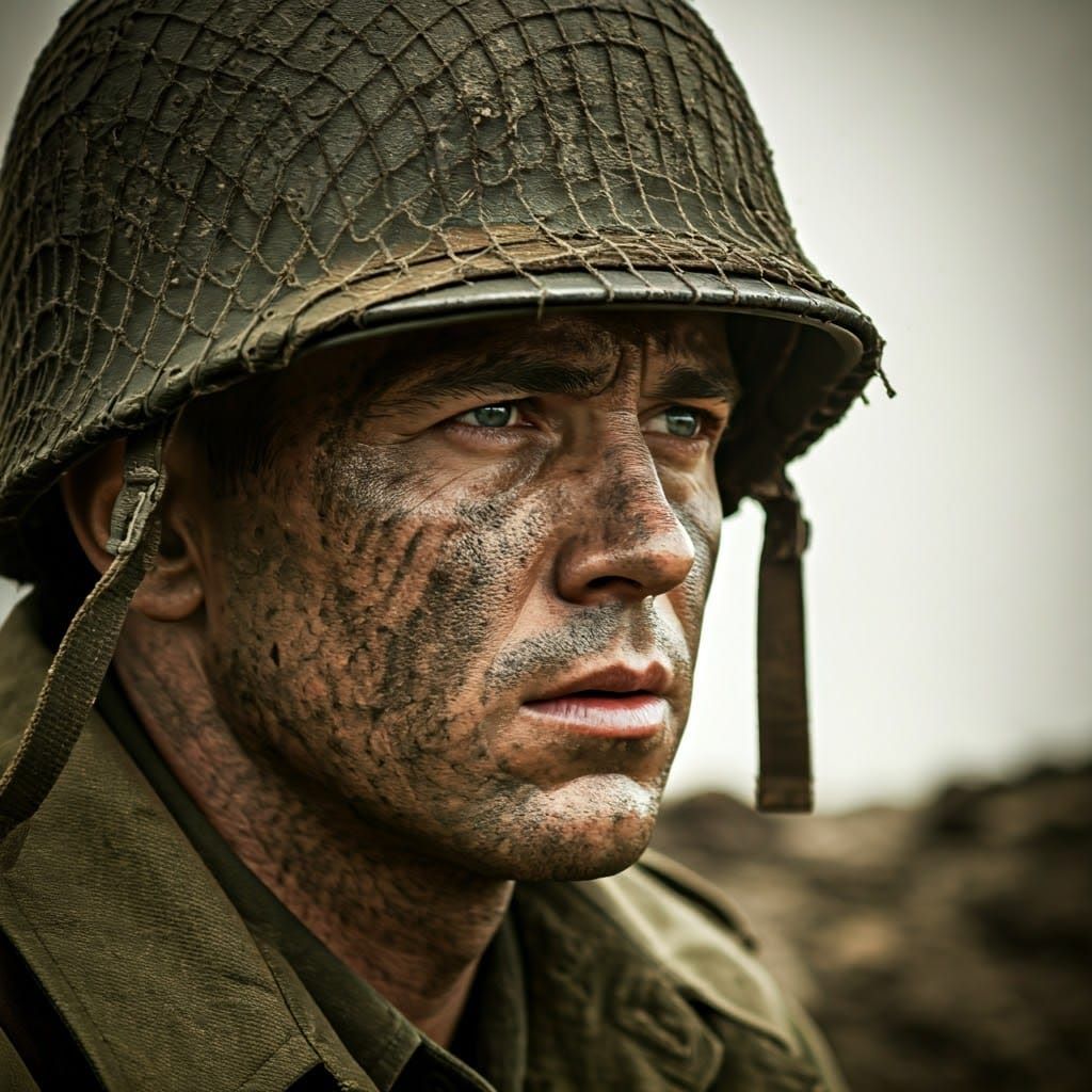 WWII Soldier Scans Battlefields with Binoculars in Trench
