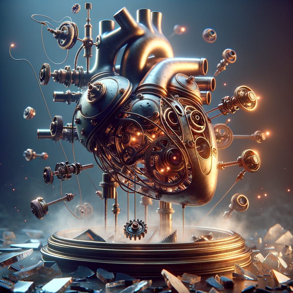 Mechanical Heart Floating in Glass Shards, Photorealistic 8k