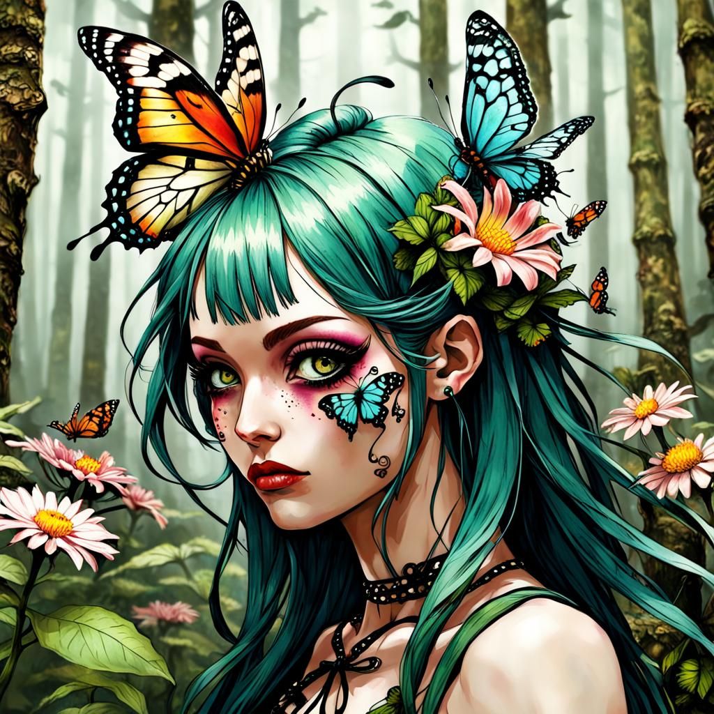 butterfly girl, flowerpunk, forestpunk